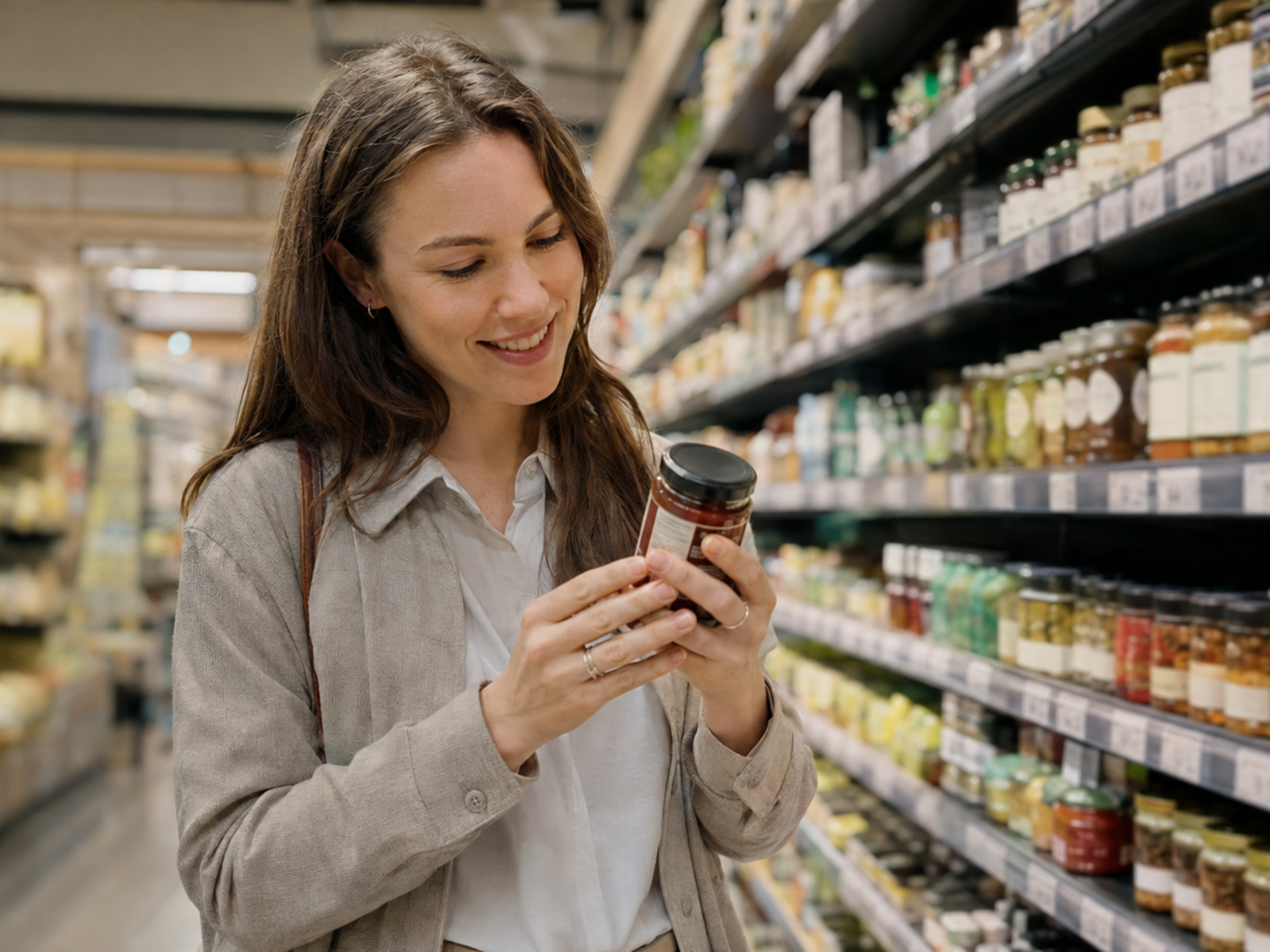 Woman checking a product label in a supermarket aisle